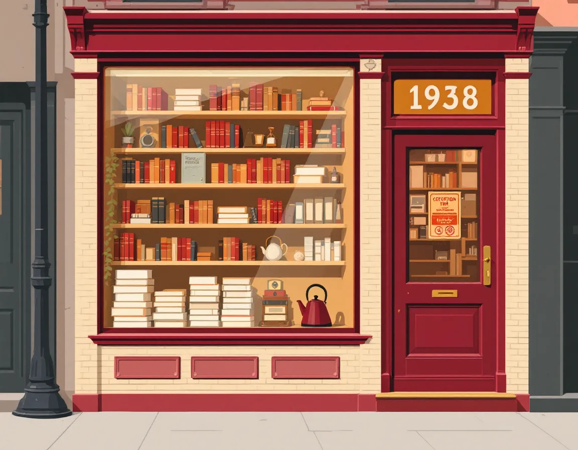 Illustration of the Hallowell & Voss front door at 1938 Ocean Pkwy, with dictionaries in the window and a kettle on the sill
