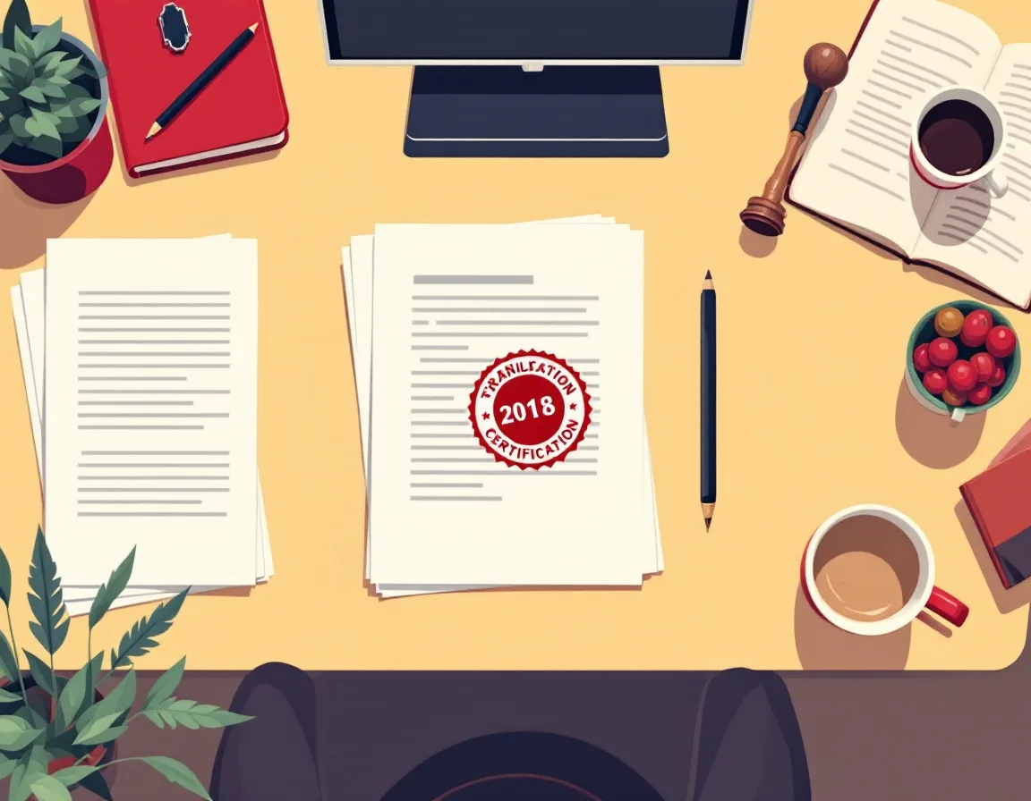 Flat illustration of a translator's desk: two documents, a certification stamp, a pencil and a dictionary